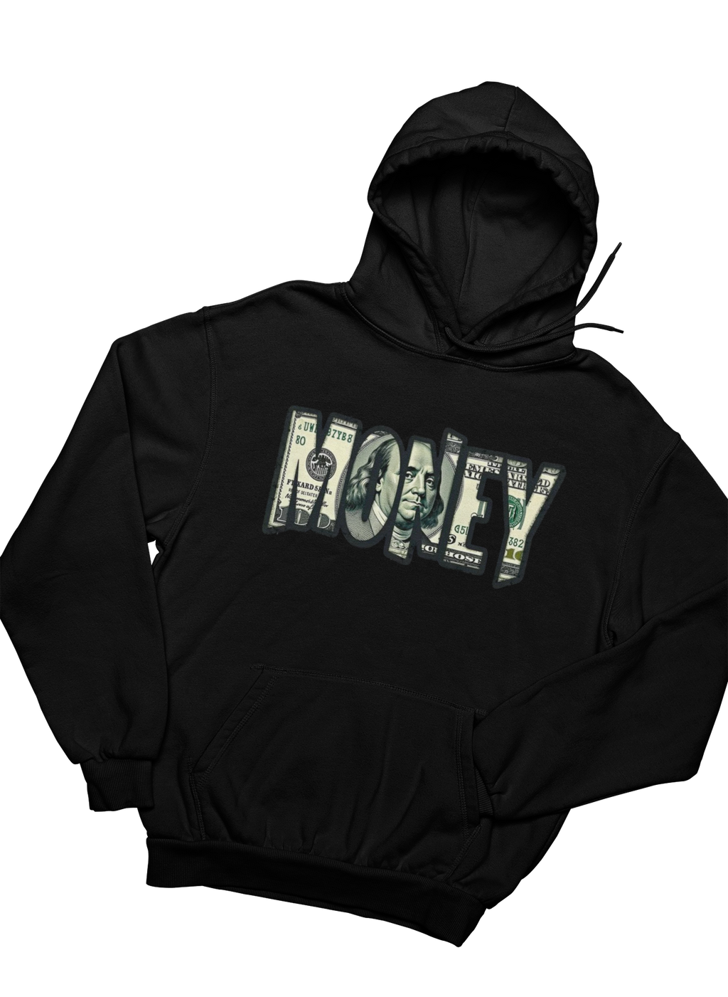 Black hoodie with ' MONEY' text design on a white background