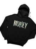 Black hoodie with ' MONEY' text design on a white background