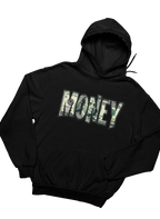 Black hoodie with ' MONEY' text design on a white background