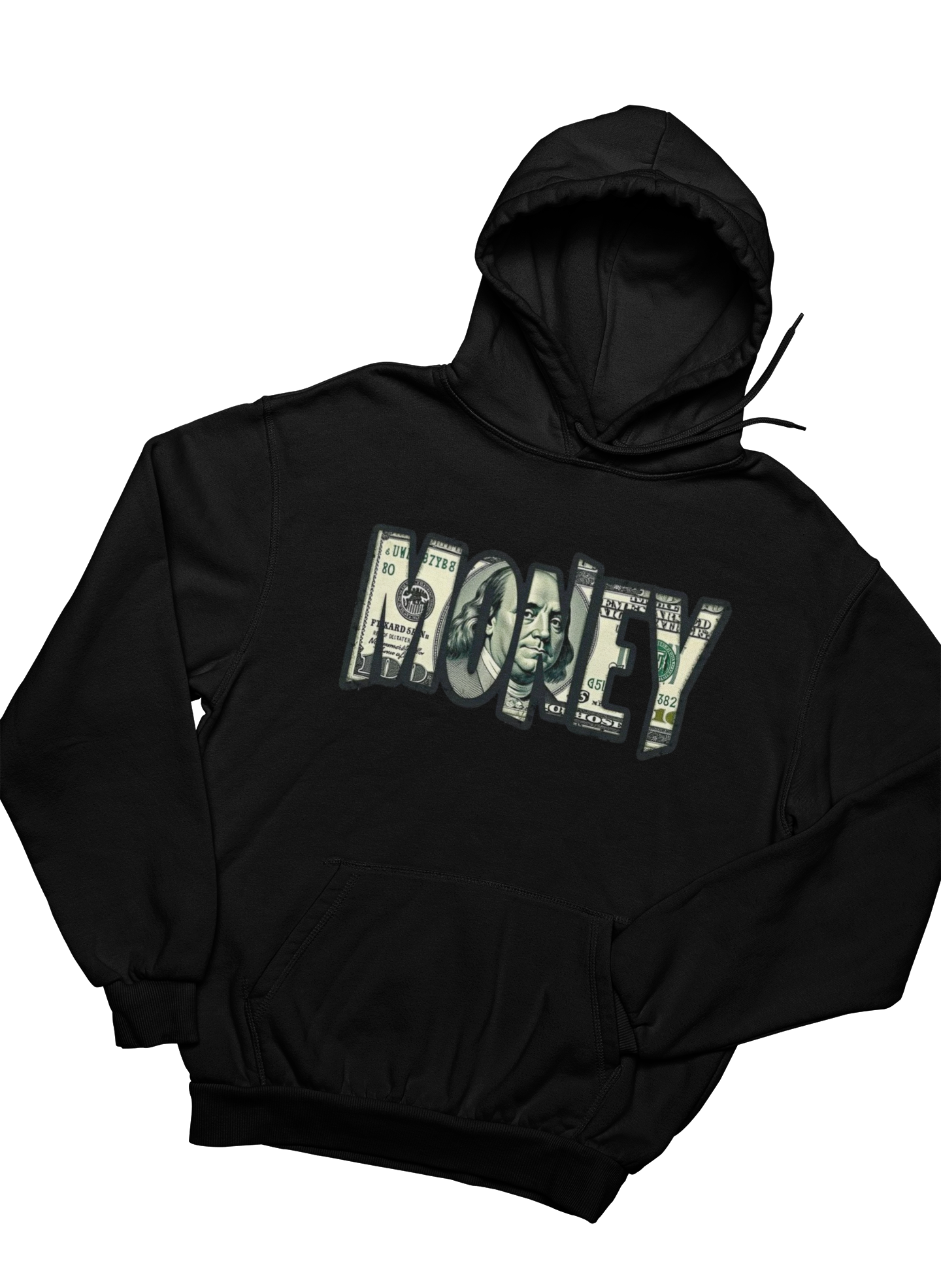 Black hoodie with ' MONEY' text design on a white background