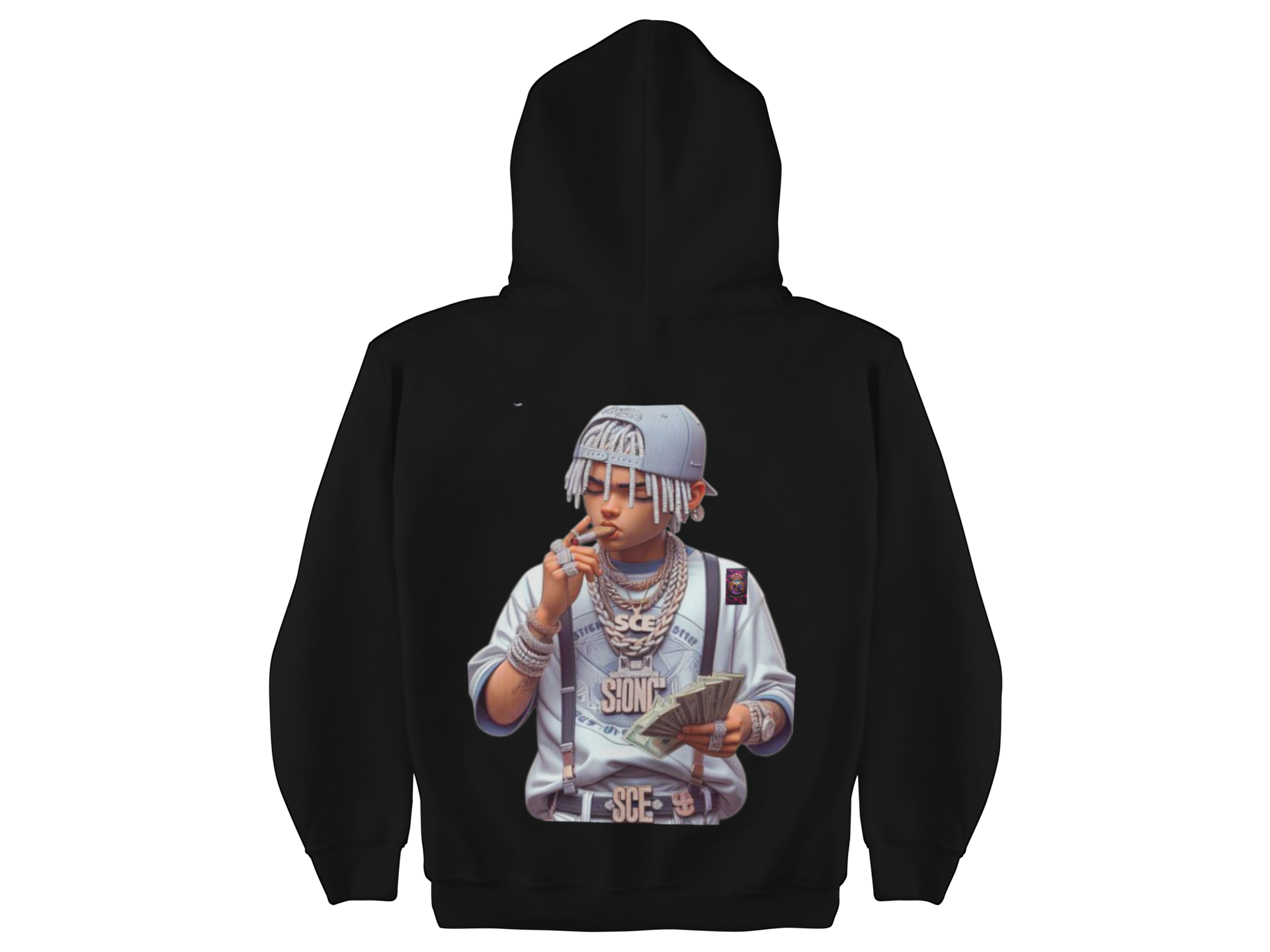 Black hoodie with a graphic of a person in a gray outfit on the back, on a white background
