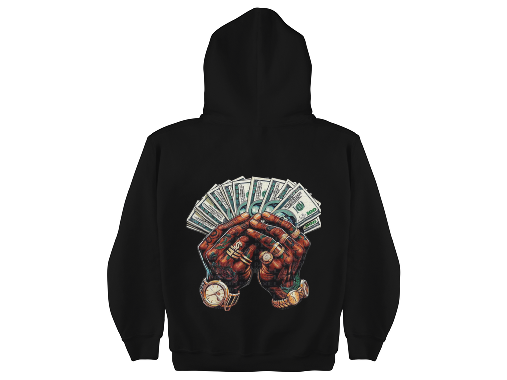 Black hoodie with a graphic of hands holding money on the back against a white background