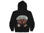 Black hoodie with a graphic of hands holding money on the back against a white background