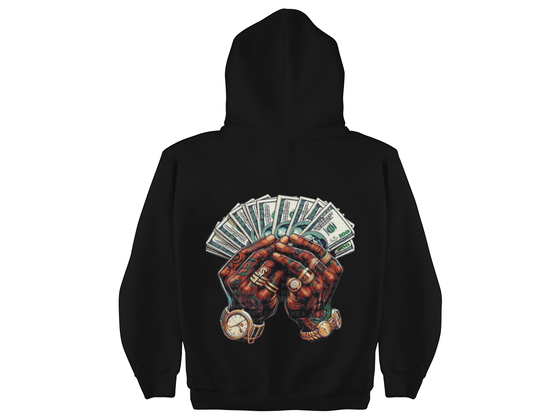 Black hoodie with a graphic of hands holding money on the back against a white background