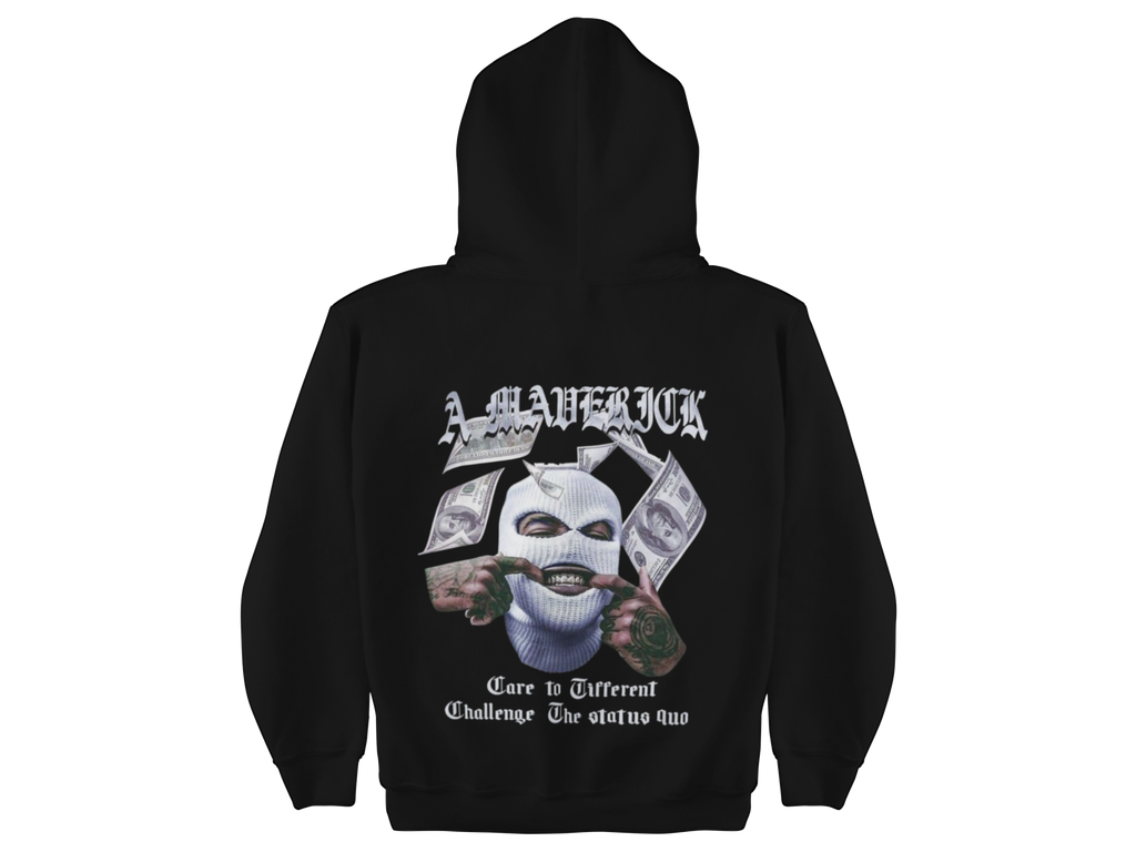 Black hoodie with graphic design on the back on a white background