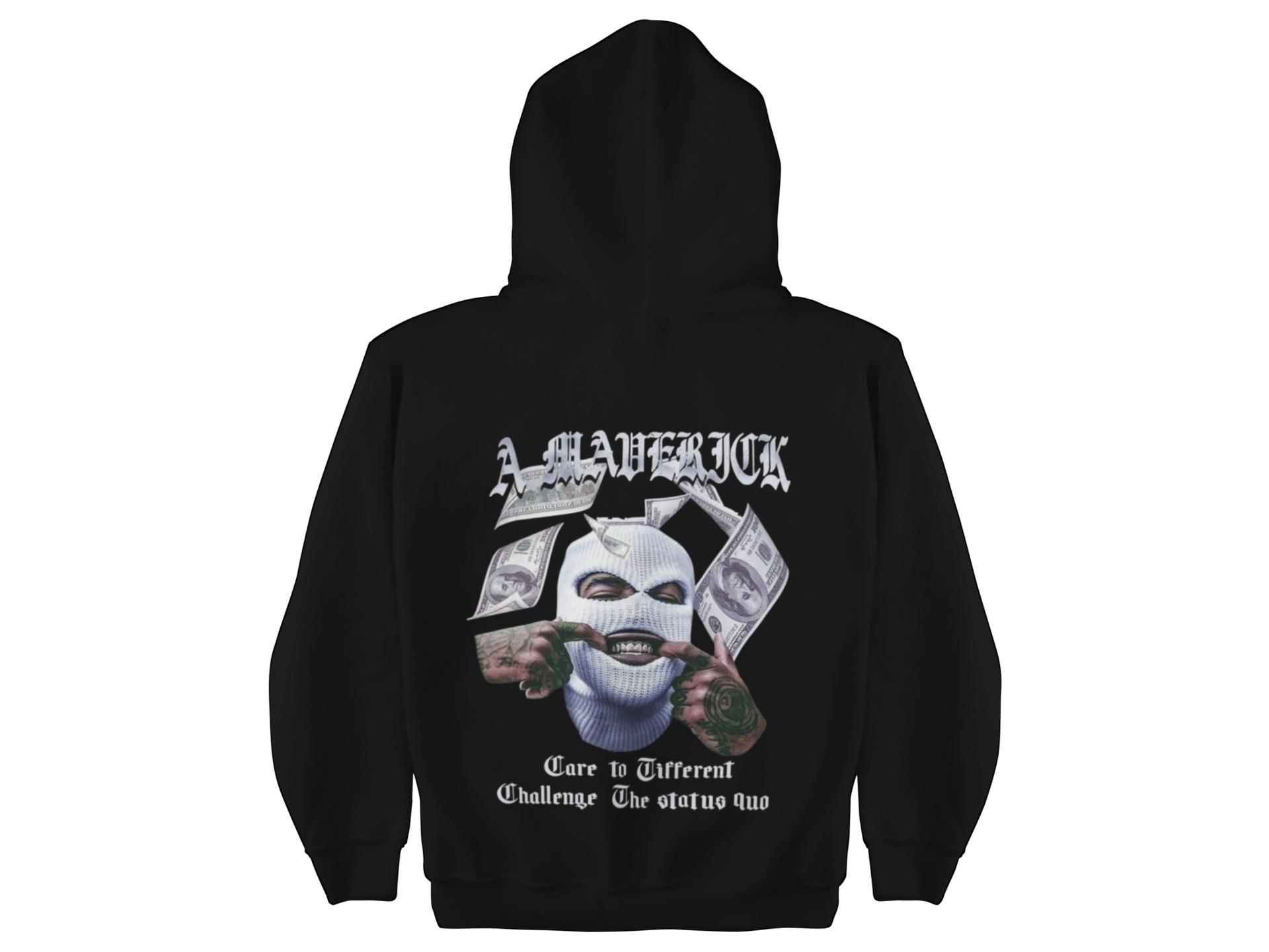 Black hoodie with graphic design on the back on a white background