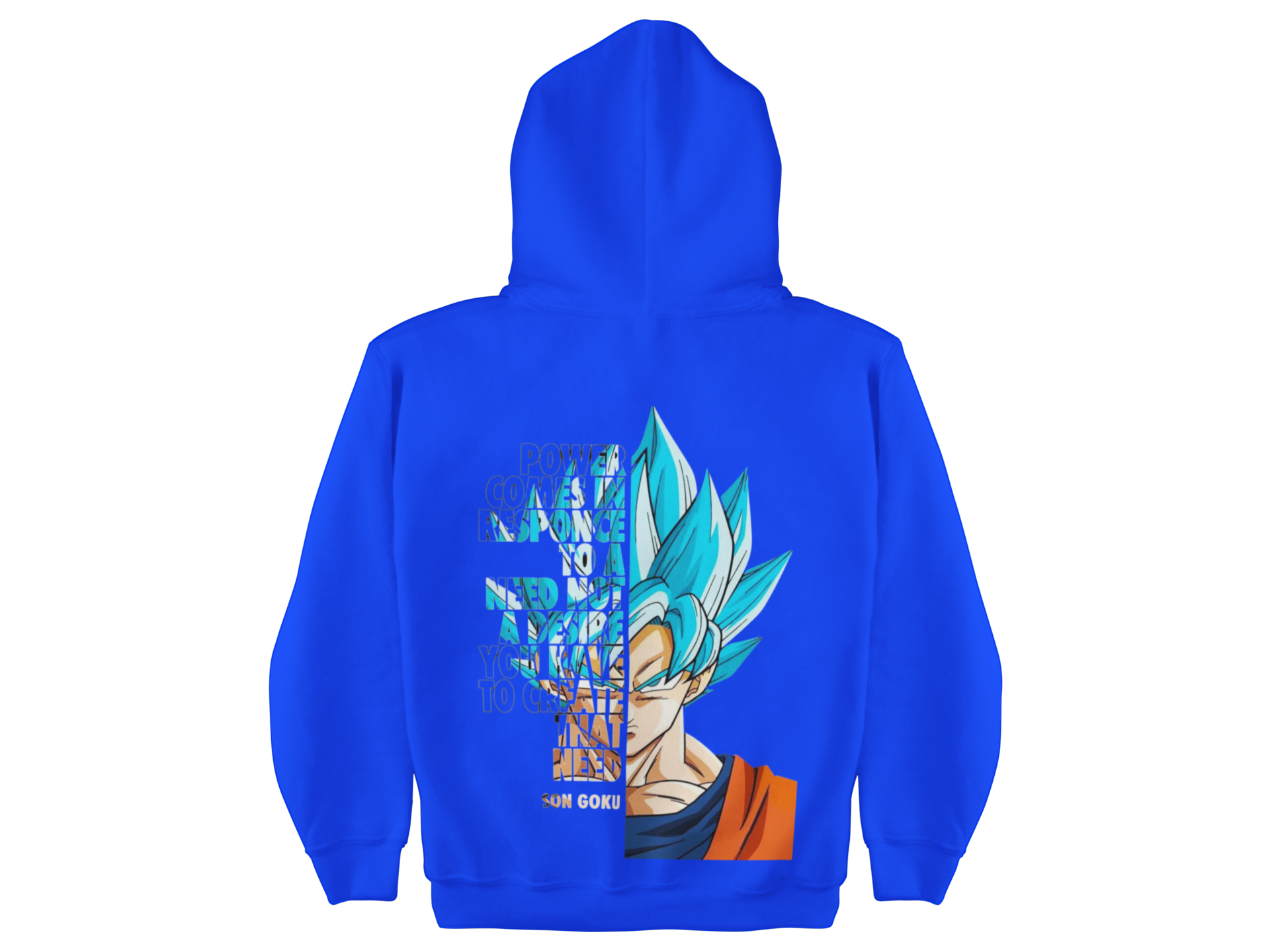 Blue hoodie with a character design on the back against a white background