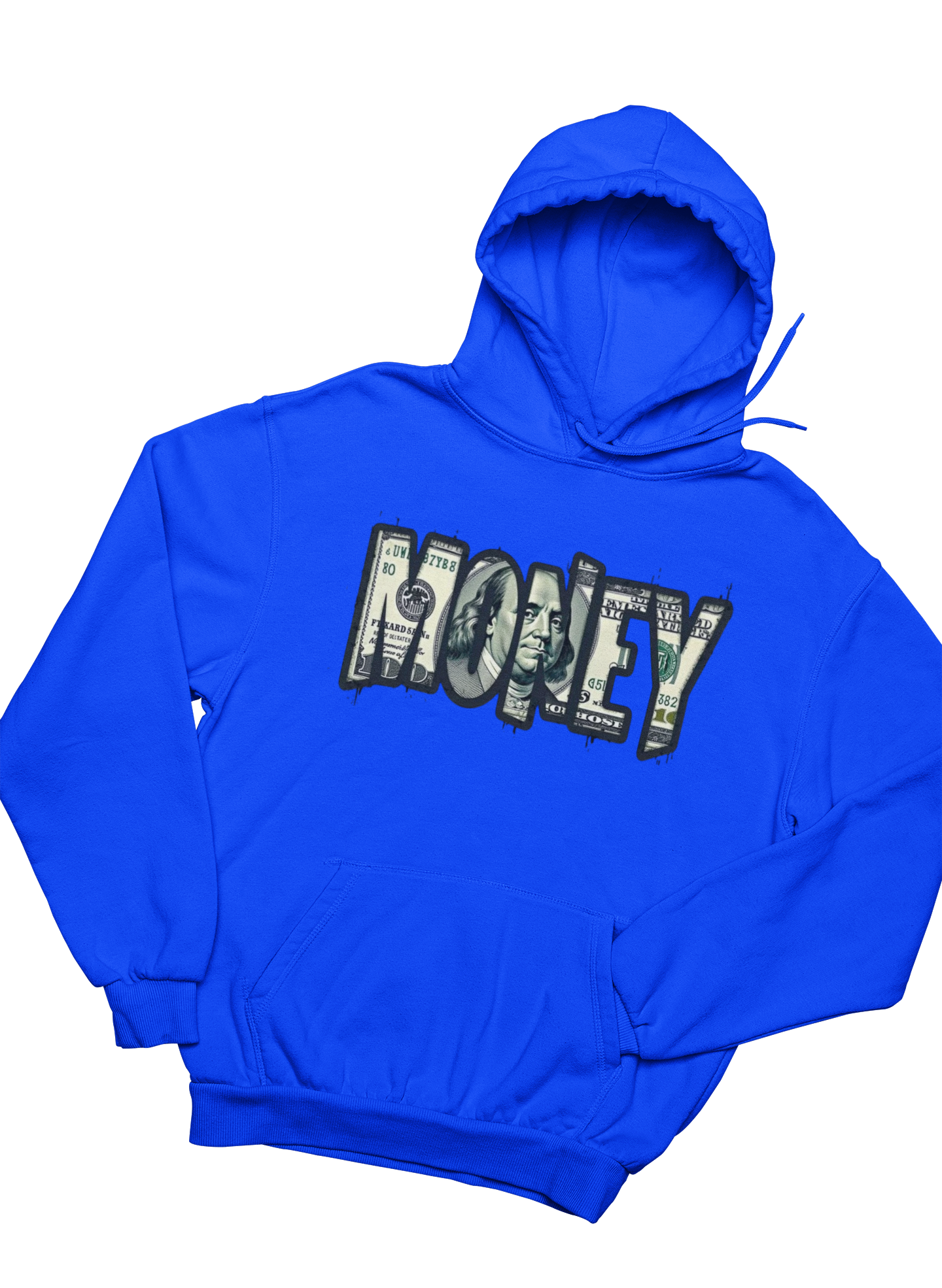 Blue hoodie with 'MONEY' text design on a white background