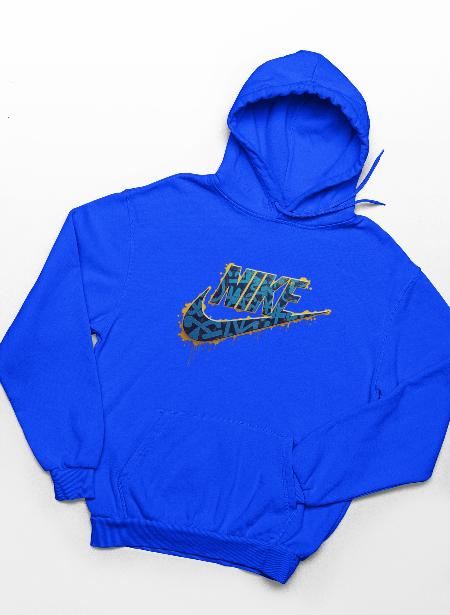 Blue hoodie with a unique design on the chest against a white background
