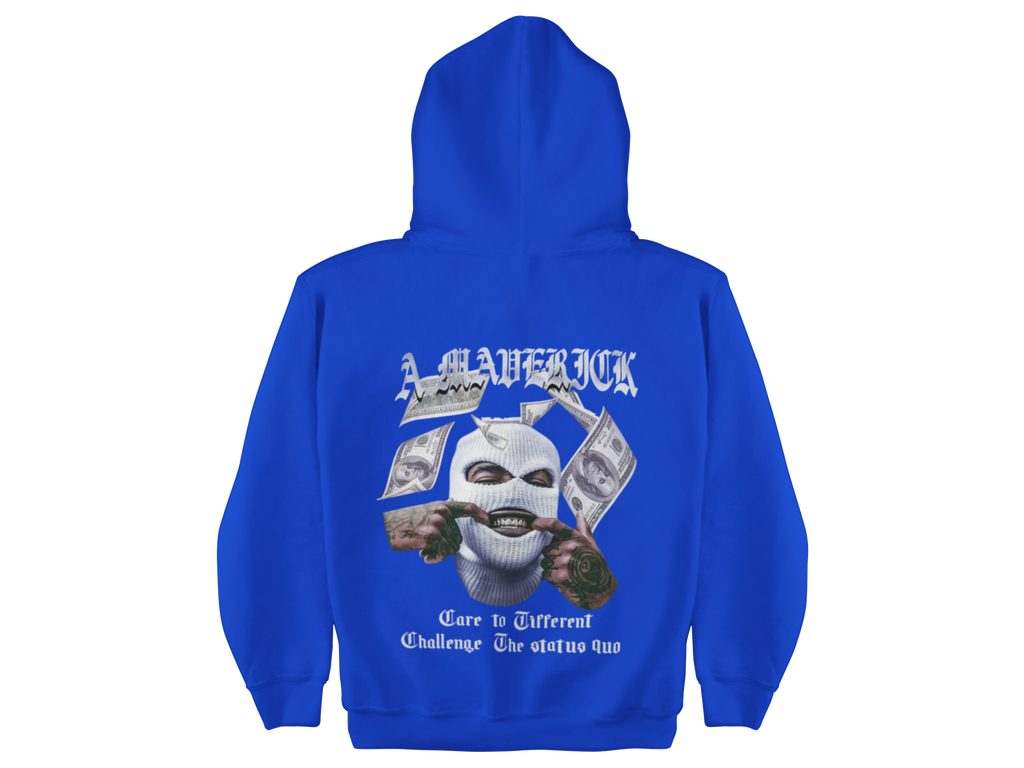 Blue hoodie with graphic design on the back against a white background