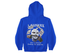 Blue hoodie with graphic design on the back against a white background