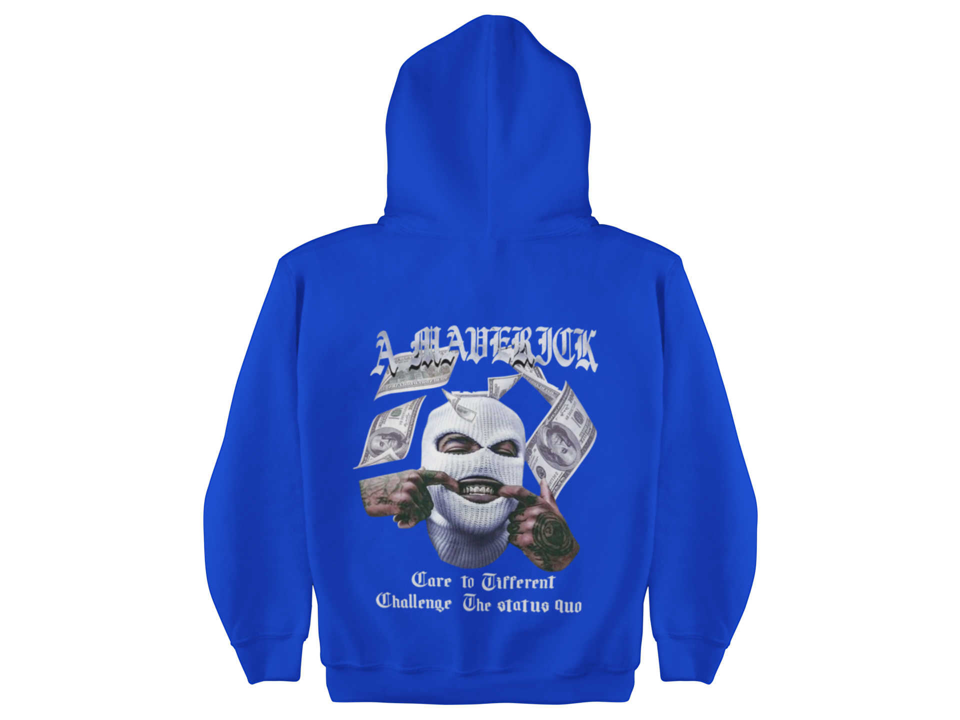 Blue hoodie with graphic design on the back against a white background