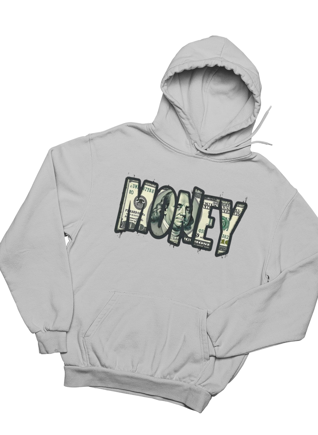 Gray hoodie with 'MONEY' text design on a white background