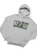 Gray hoodie with 'MONEY' text design on a white background