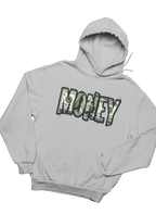 Gray hoodie with 'MONEY' text design on a white background