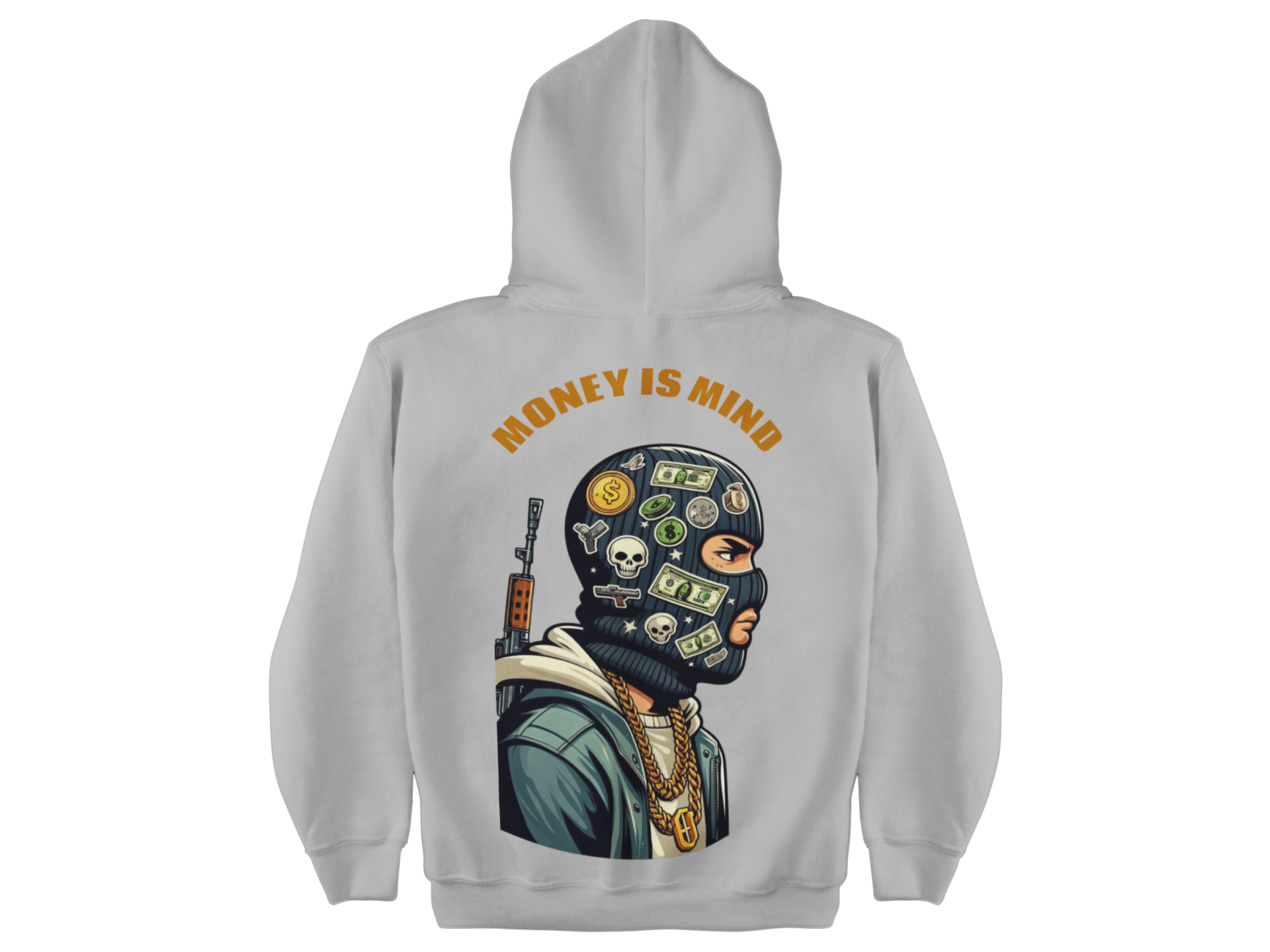 Gray hoodie with a graphic design on the back featuring a person wearing a mask with money symbols and text 'Money is Mind' on a white background.