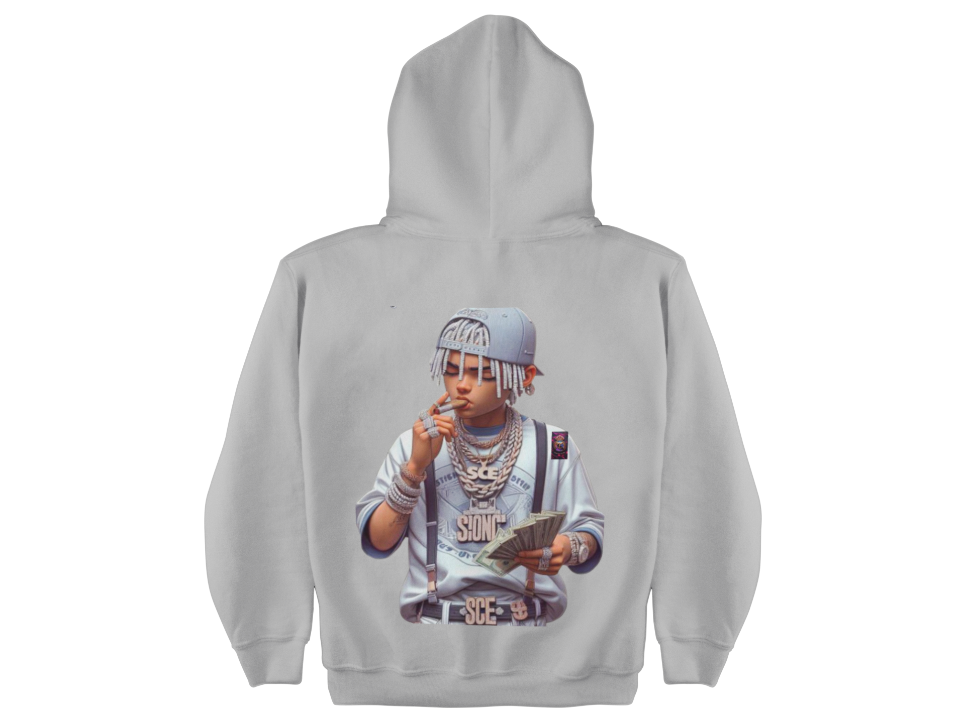 Gray hoodie with a graphic of a person on the back on a white background