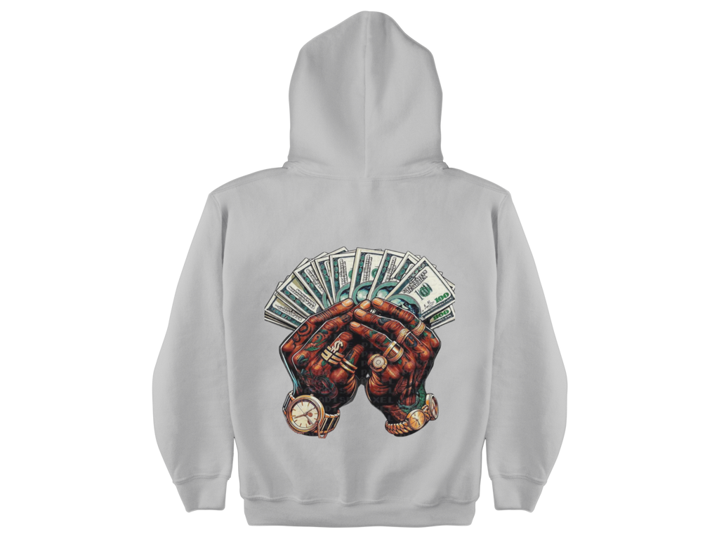 Gray hoodie with a graphic of hands holding money on the back against a white background