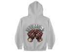Gray hoodie with a graphic of hands holding money on the back against a white background
