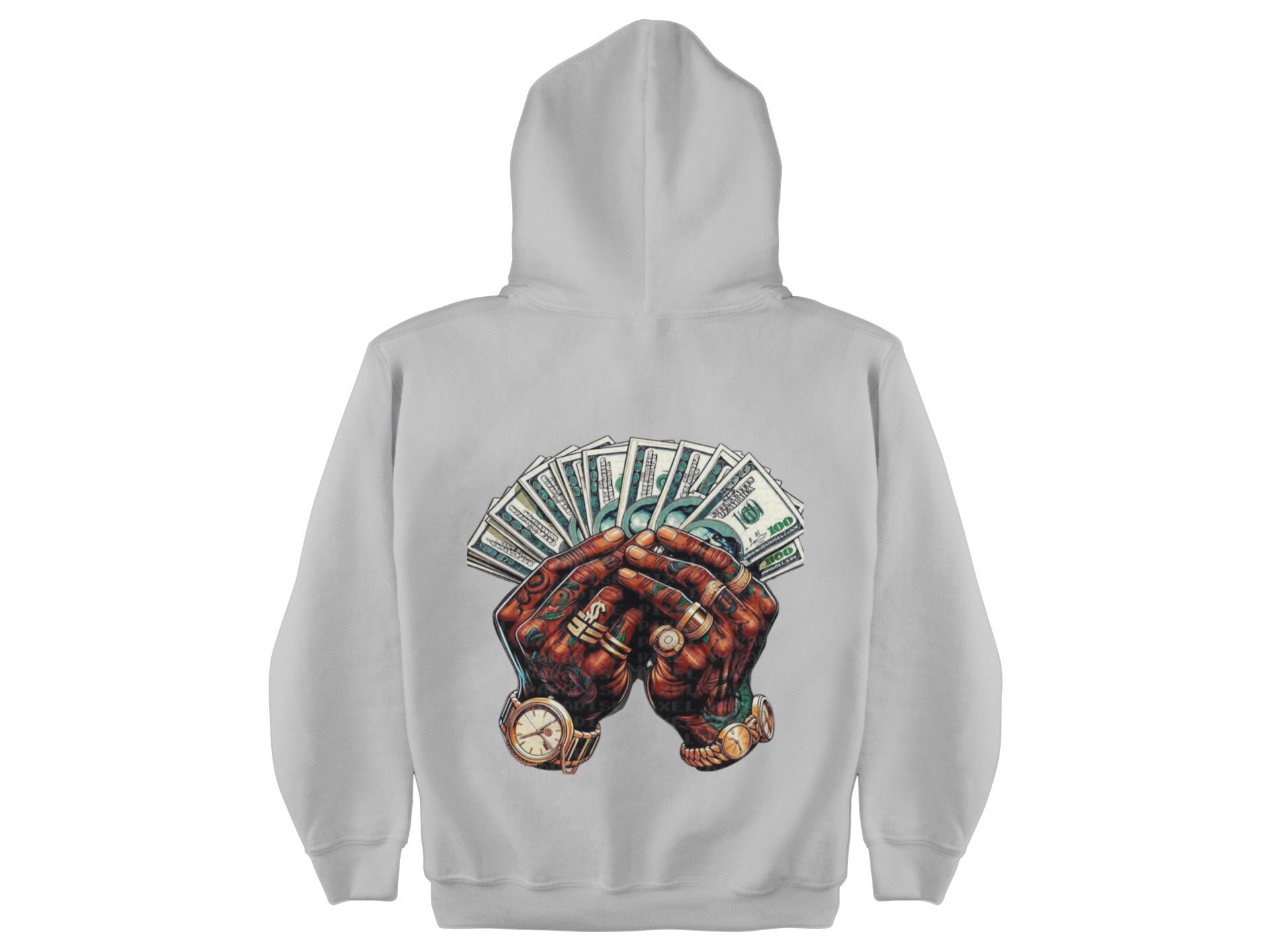 Gray hoodie with a graphic of hands holding money on the back against a white background