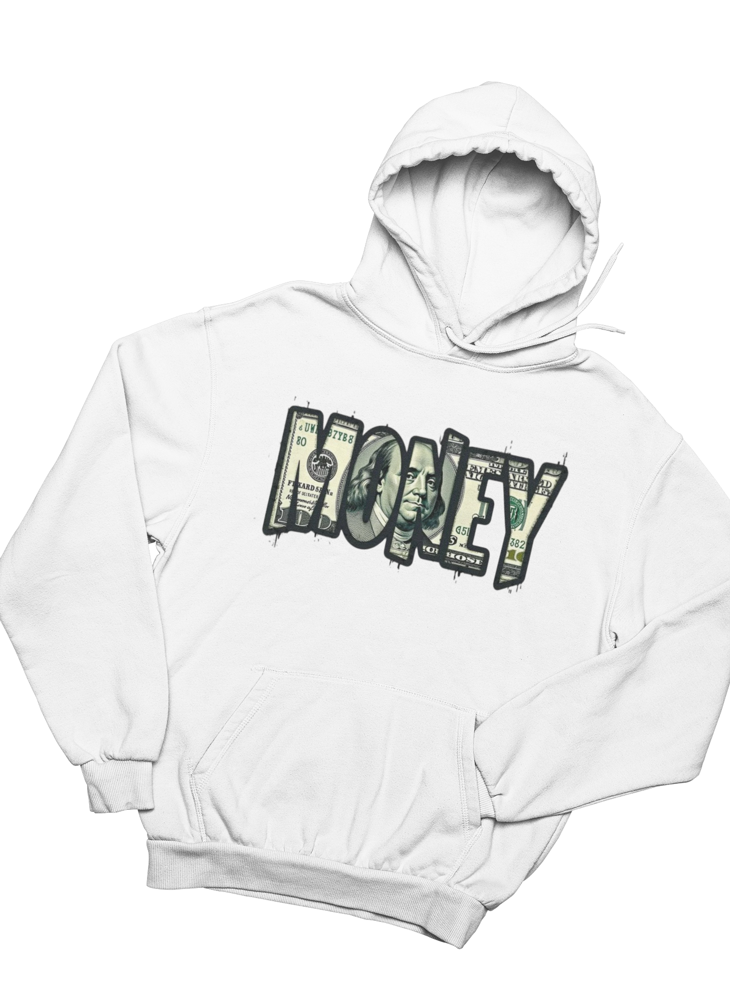 White hoodie with 'MONEY' printed in a dollar bill design on a white background