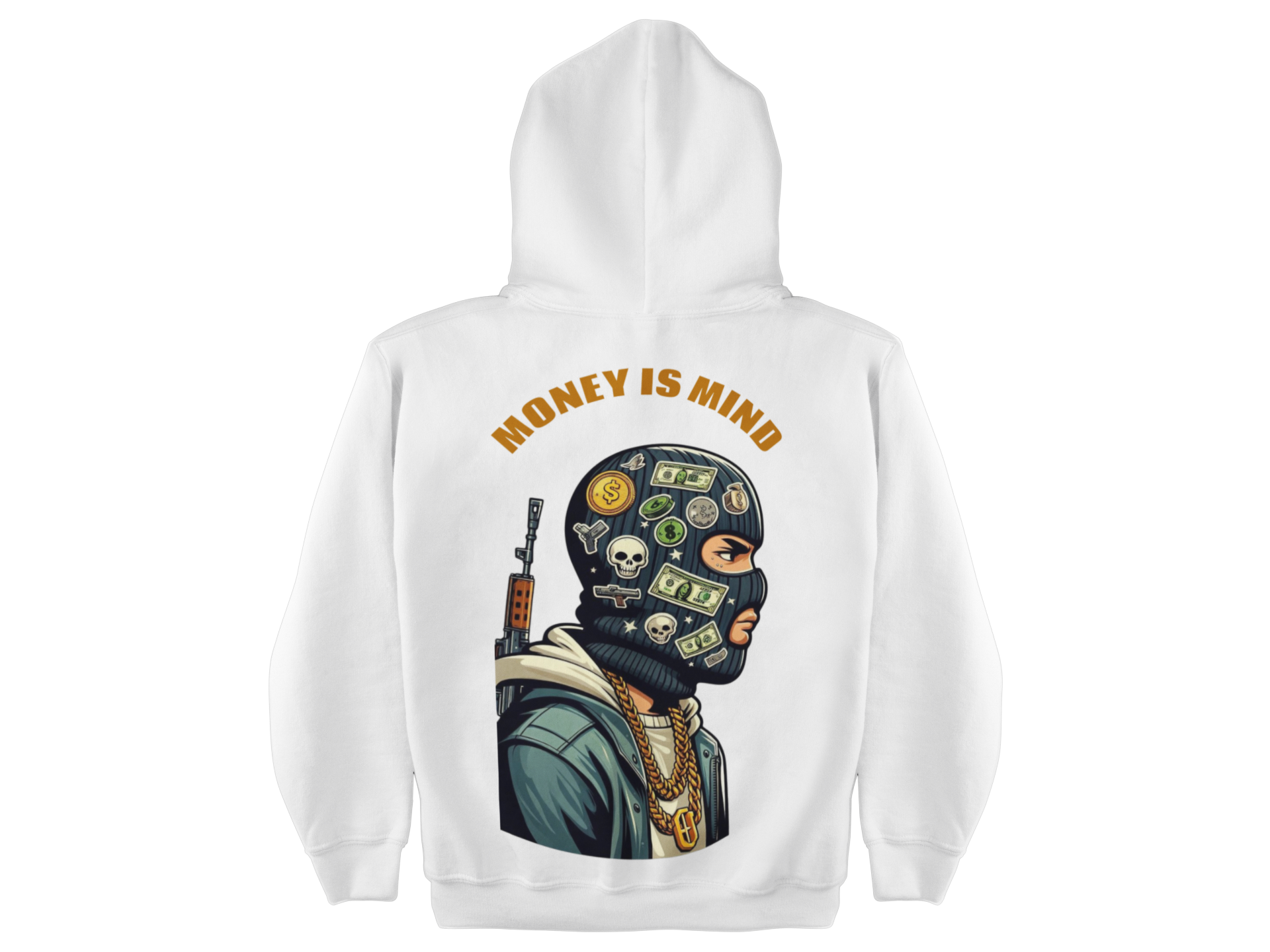 White hoodie with a graphic design of a person wearing a mask with money symbols and text 'Money is Mind' on a white background.