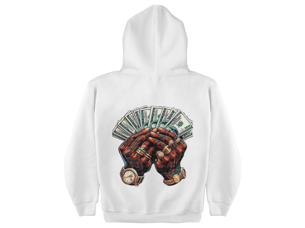 White hoodie with a graphic of hands holding money on the back against a white background