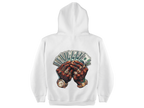 White hoodie with a graphic of hands holding money on the back against a white background