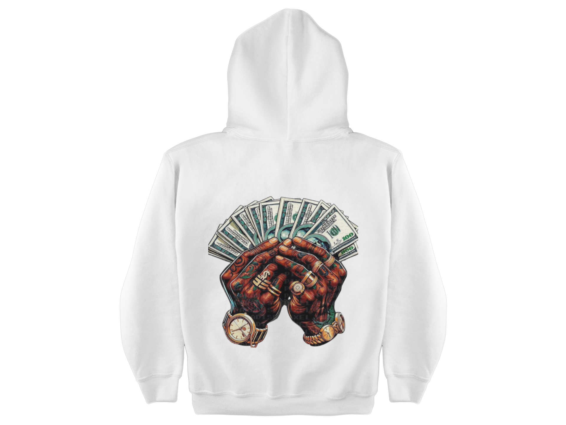 White hoodie with a graphic of hands holding money on the back against a white background