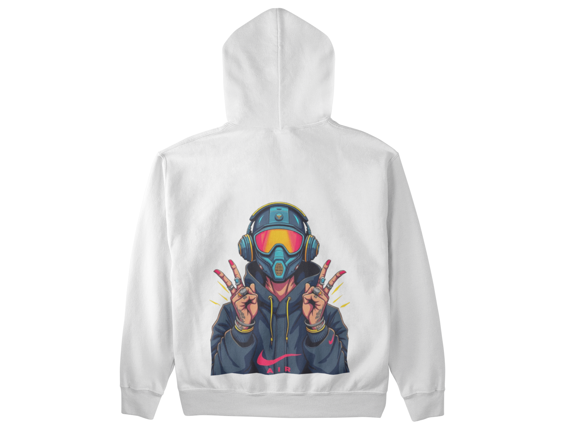White hoodie with colorful graphic design on the back, featuring a person in a helmet and goggles making peace signs.