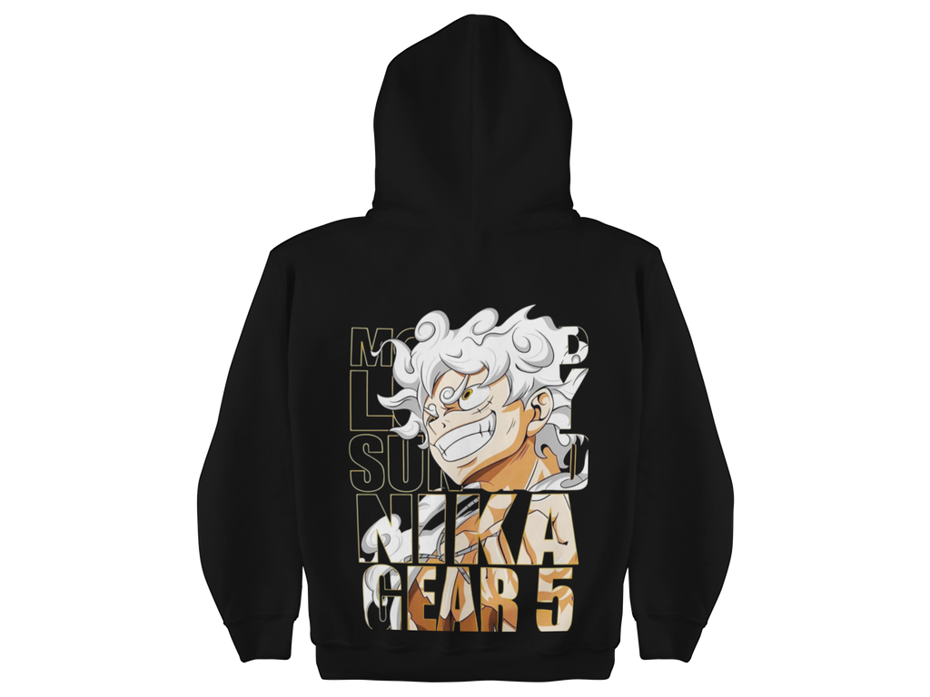 Black hoodie with anime character and text on the back against a white background