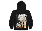 Black hoodie with anime character and text on the back against a white background