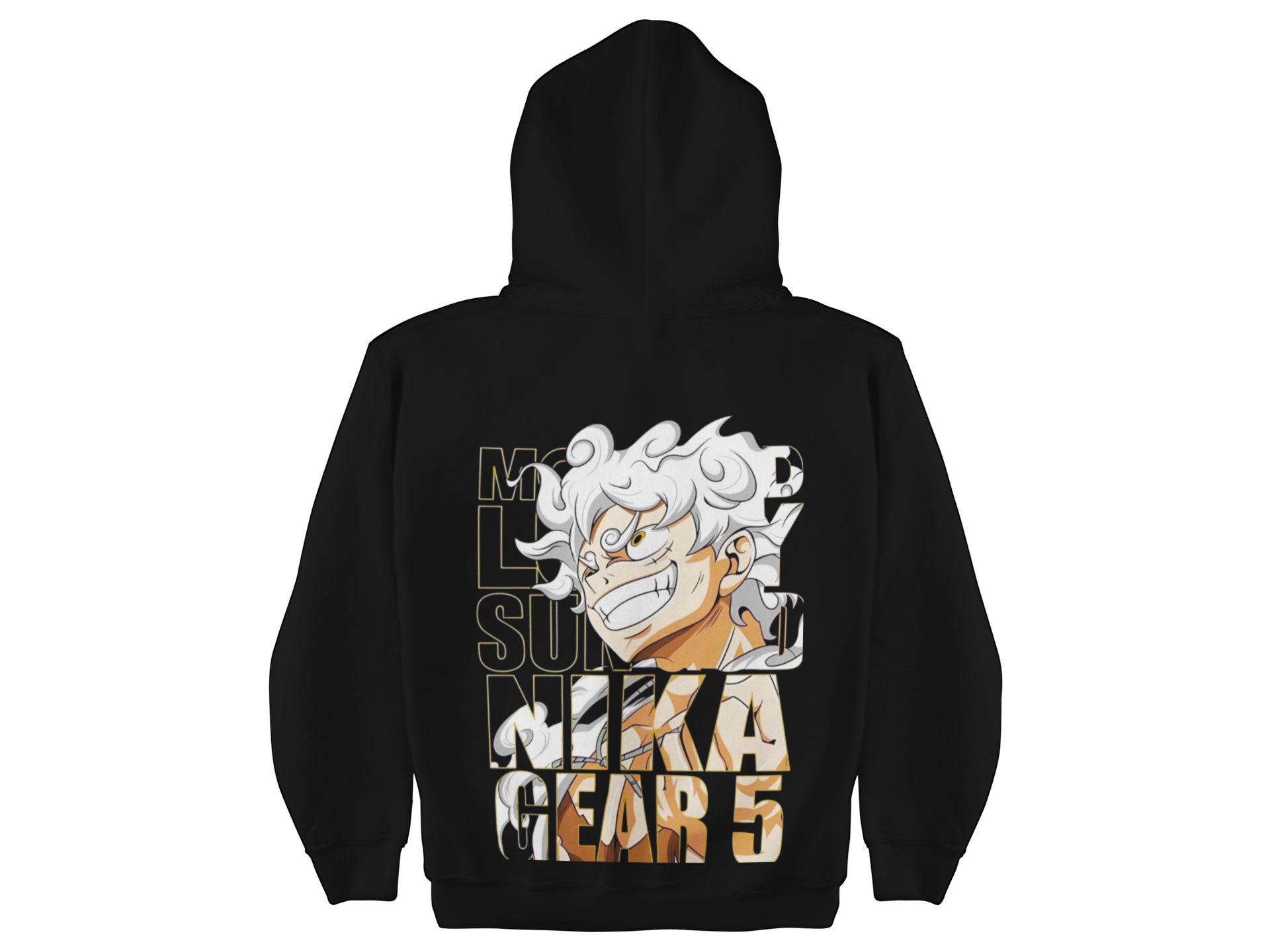 Black hoodie with anime character and text on the back against a white background