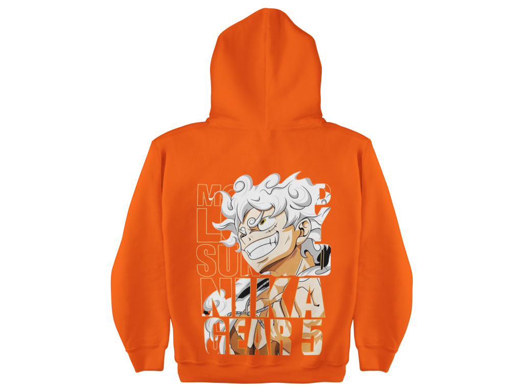 Orange hoodie with a graphic design on the back against a white background
