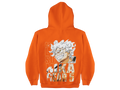 Orange hoodie with a graphic design on the back against a white background