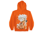 Orange hoodie with a graphic design on the back against a white background
