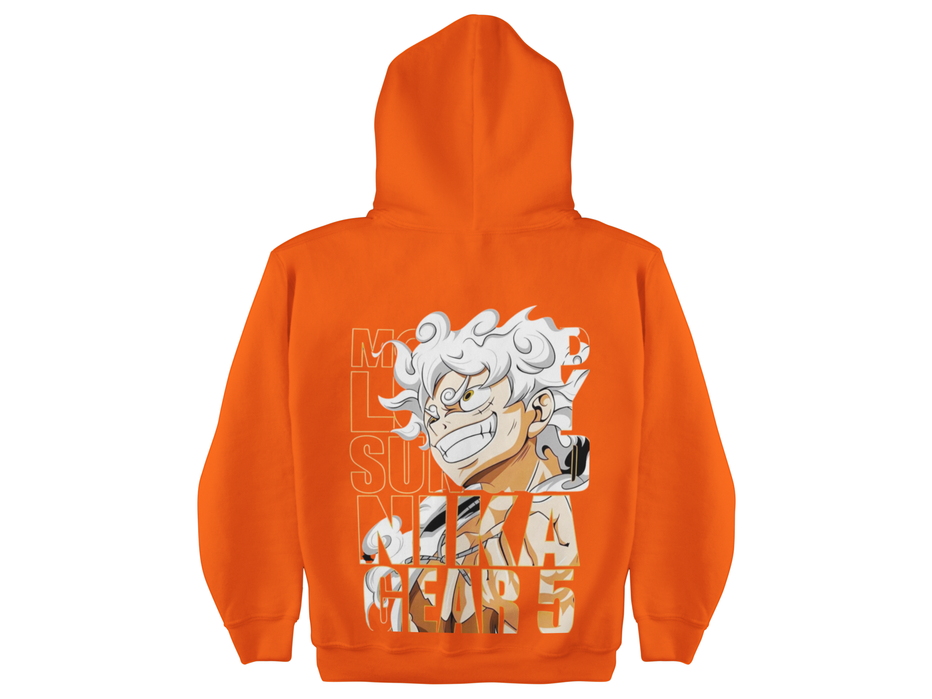 Orange hoodie with a graphic design on the back against a white background