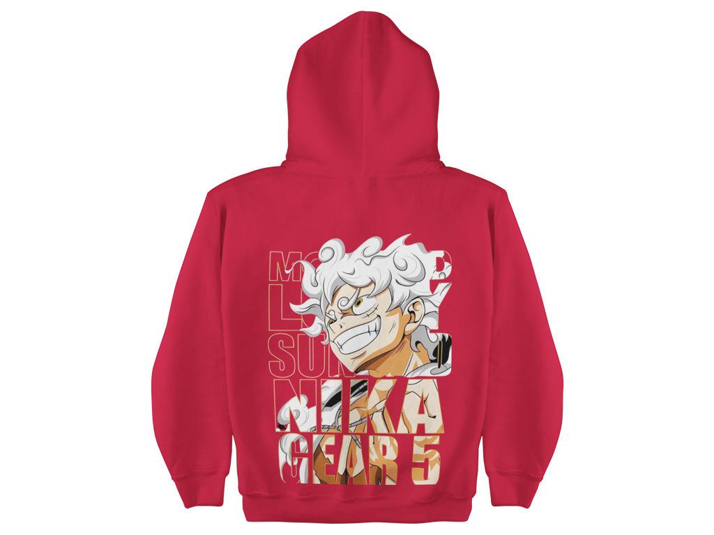 Red hoodie with a character design and text on the back, on a white background