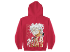Red hoodie with a character design and text on the back, on a white background