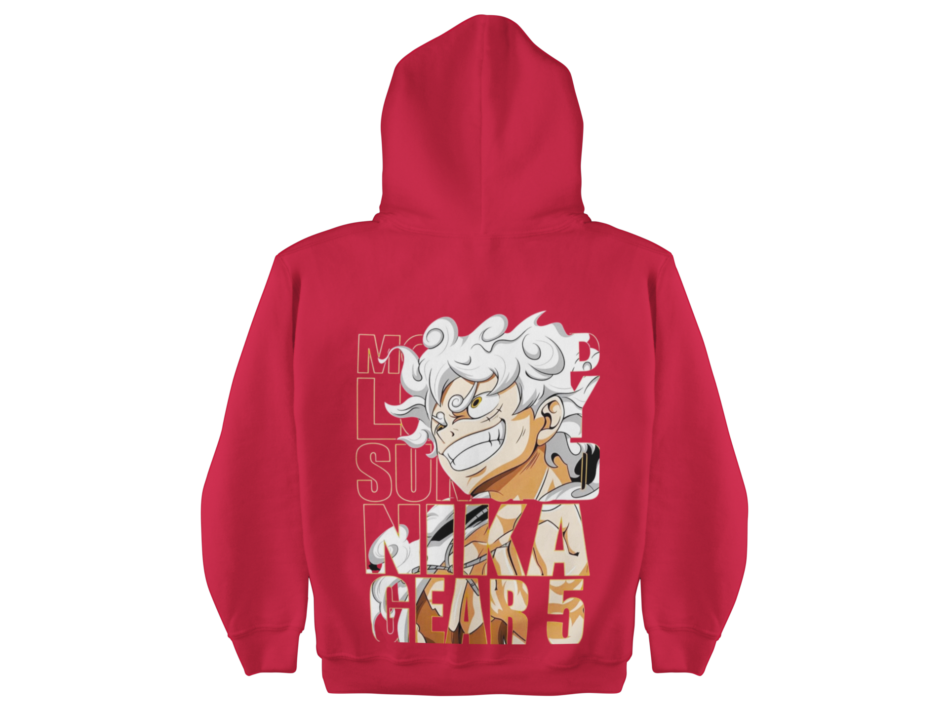 Red hoodie with a character design and text on the back, on a white background